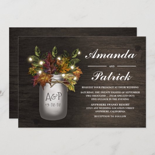 Fall laat Mason Jar rustieke bruiloft uitnodiginge Kaart (Voorkant / Achterkant)