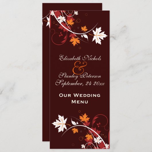 Fall laat oranje rode witte bruiloft menukaart (Voorkant / Achterkant)