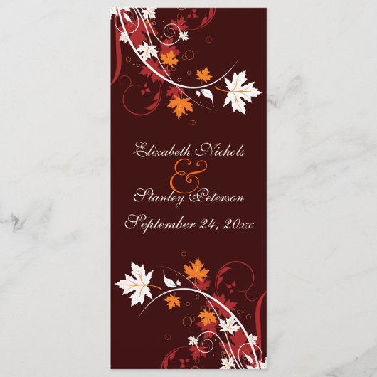 Fall laat oranje rood wit huwelijksprogramma achte programmakaart (Voorkant)