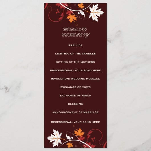 Fall laat oranje rood wit huwelijksprogramma achte programmakaart (Achterkant)