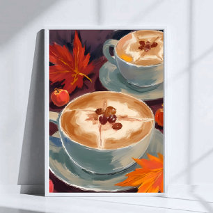 Fall Latte Date   Herfst Koffiebladeren Aquarel Poster