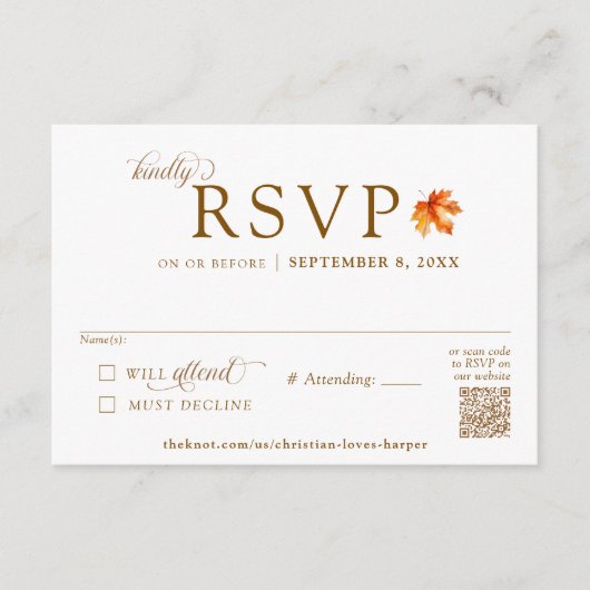 Fall Leaf Rustic Autumn Wedding QR Code RSVP Informatiekaartje (Voorkant)