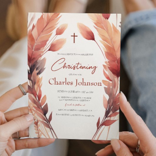 Fall Leaves and Feathers Son Christening Kaart