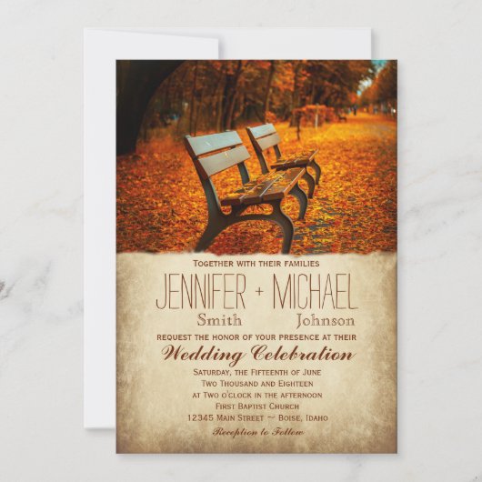 Fall Leaves Autumn Park Bench Wedding Invitations Kaart (Voorkant)