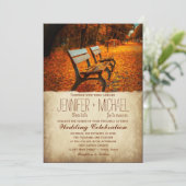 Fall Leaves Autumn Park Bench Wedding Invitations Kaart (Staand voorkant)