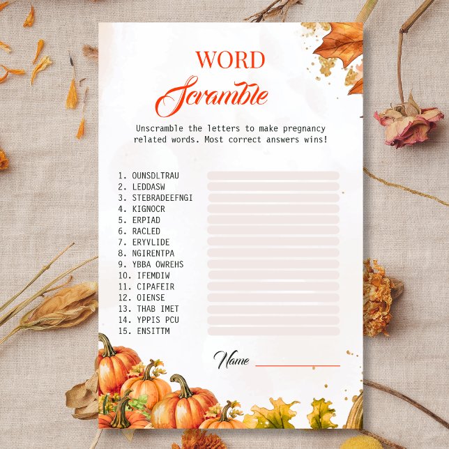 Fall Leaves Baby shower Word Scramble Game Kaart (Creator heeft geüpload)