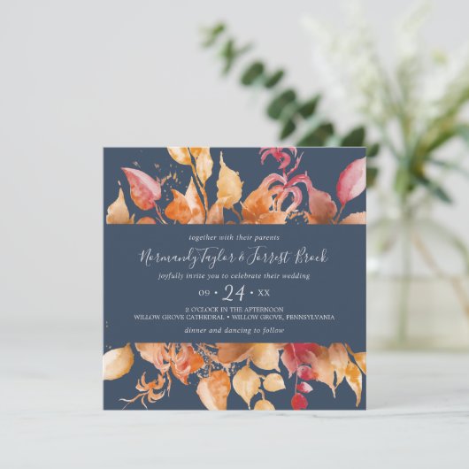 Fall Leaves | Casual marinepleisterbruiloft Kaart (Staand voorkant)