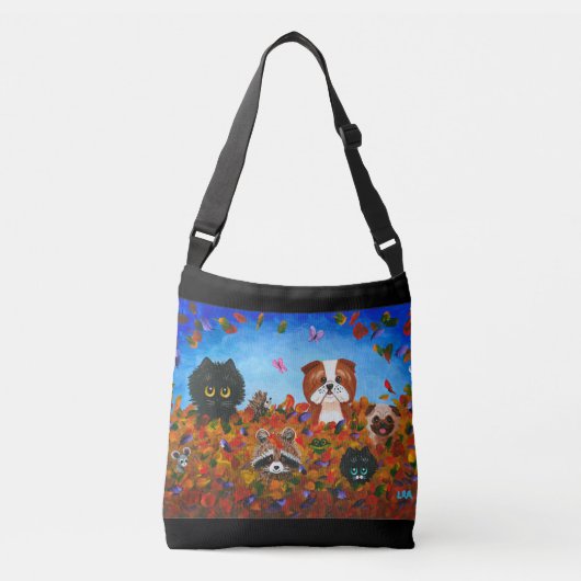 Fall Leaves Cats Dog Raccoon Art Crossbody Tas (Voorkant)