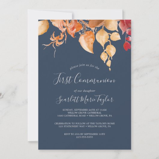 Fall Leaves | Eerste communie van Navy Blue en Bur Kaart (Voorkant)