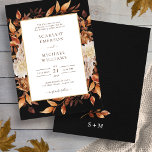 Fall Leaves Elegant Wedding Invitation Kaart<br><div class="desc">Fall Leaves | Uitnodiging tot het uitzenden van een zwarte bruiloft. Deze elegante trouwuitnodiging bevat prachtige handbeschilderde waterverf verbrande oranje en terracotta bladeren, crème en beige dahlias, en prachtige roest en bruine rozen op een zwarte achtergrond, perfect voor een herfstbruiloft! De achterkant van de uitnodiging heeft een mooie tak van...</div>