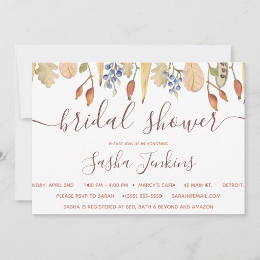 Fall Leaves en Berries Bridal Shower Invitation Kaart (Voorkant)