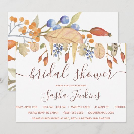 Fall Leaves en Berries Bridal Shower Invitation Kaart (Voorkant / Achterkant)
