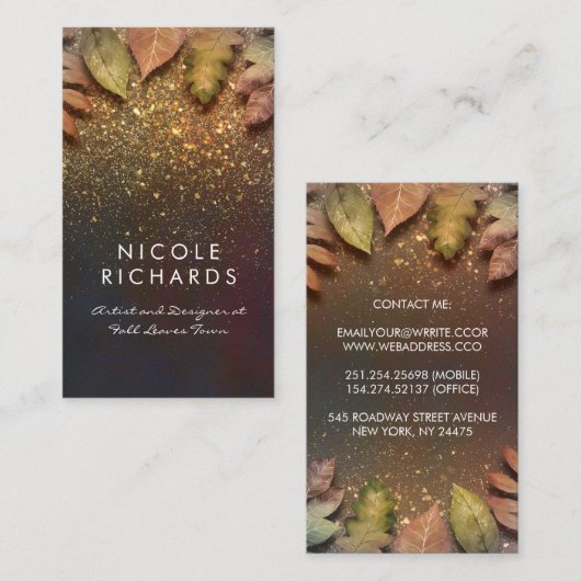 Fall Leaves en Gold Glitter Shine  Elegant Visitekaartje (Voorkant / Achterkant)