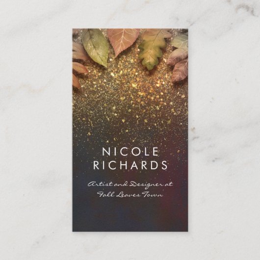 Fall Leaves en Gold Glitter Shine  Elegant Visitekaartje (Voorkant)