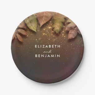Fall Leaves en Gouden Glitter Huwelijk Papieren Bordje