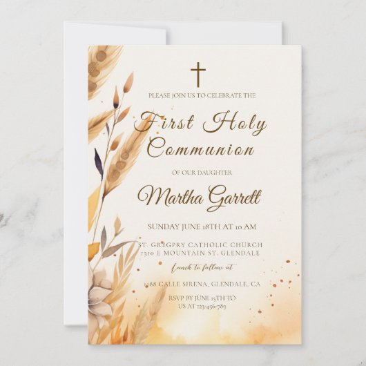 Fall Leaves en Pampas Girl Eerste Heilige Communie Kaart (Voorkant)