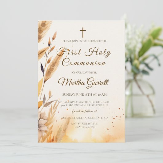 Fall Leaves en Pampas Girl Eerste Heilige Communie Kaart (Staand voorkant)