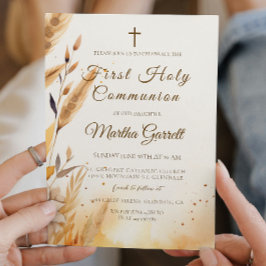 Fall Leaves en Pampas Girl Eerste Heilige Communie Kaart