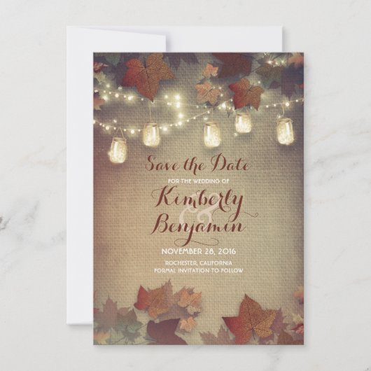 Fall Leaves en Rustic Mason Jars redden de datum Save The Date (Voorkant)