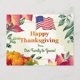 Fall Leaves en US Flag Family Thanksgiving Feestdagenkaart