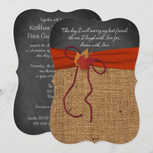 Fall Leaves FAUX Burlap, Chalkboard Wedding Invite Kaart (Voorkant / Achterkant)