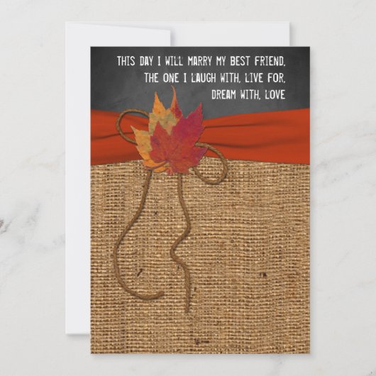 Fall Leaves FAUX Burlap, Chalkboard Wedding Invite Kaart (Voorkant)