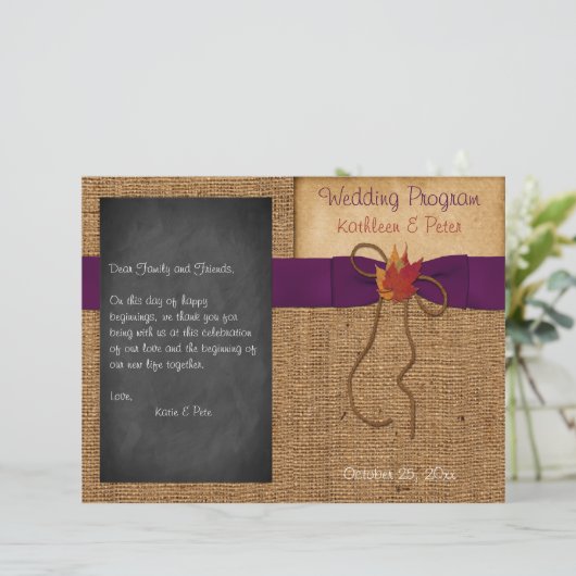 Fall Leaves FAUX Burlap Chalkboard Wedding Program (Staand voorkant)