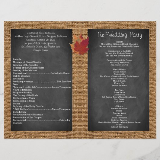 Fall Leaves FAUX Burlap Chalkboard Wedding Program (Achterkant)