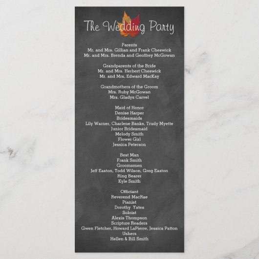 Fall Leaves FAUX Burlap Chalkboard Wedding Program Programmakaart (Achterkant)