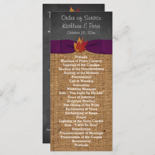 Fall Leaves FAUX Burlap Chalkboard Wedding Program Programmakaart (Voorkant / Achterkant)