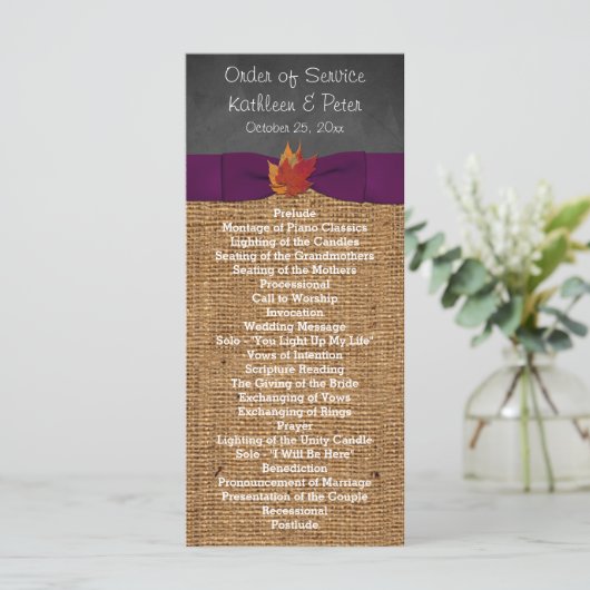 Fall Leaves FAUX Burlap Chalkboard Wedding Program Programmakaart (Staand voorkant)