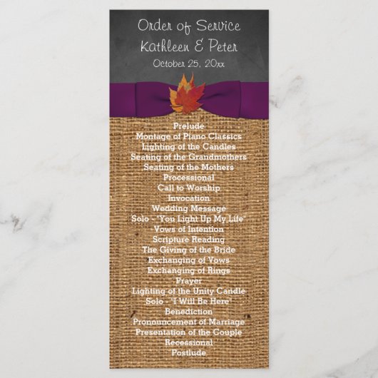 Fall Leaves FAUX Burlap Chalkboard Wedding Program Programmakaart (Voorkant)
