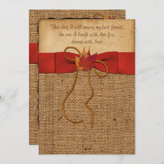 Fall Leaves FAUX Burlap, Wedding Invite - Oranje Kaart (Voorkant / Achterkant)