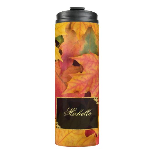 Fall Leaves Gold en Black Label Custom Monogram Thermosbeker (Voorkant)