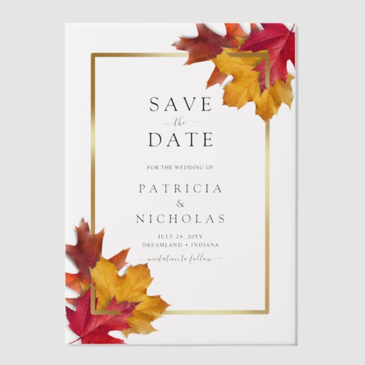 Fall Leaves Golden Lijst Wedding Save the Date Vellum Uitnodigingen (Voorkant)