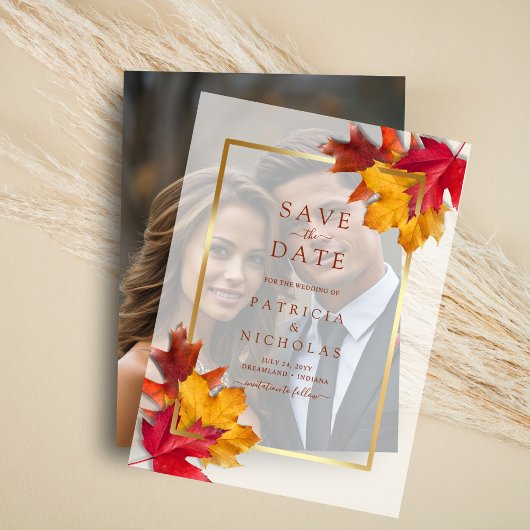 Fall Leaves Golden Lijst Wedding Save the Date Vellum Uitnodigingen