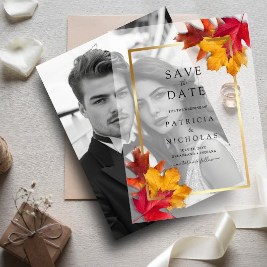 Fall Leaves Golden Lijst Wedding Save the Date Vellum Uitnodigingen