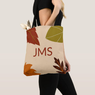 Fall Leaves Groen Bruin en Sinaasappel Monogram Tote Bag