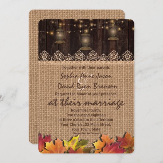 Fall Leaves Lace Burlap Wood Weddenschap Kaart (Voorkant / Achterkant)
