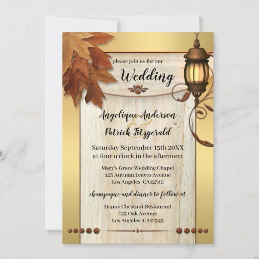 Fall Leaves Lantaarn Light Gold Weddenschap Kaart (Voorkant)