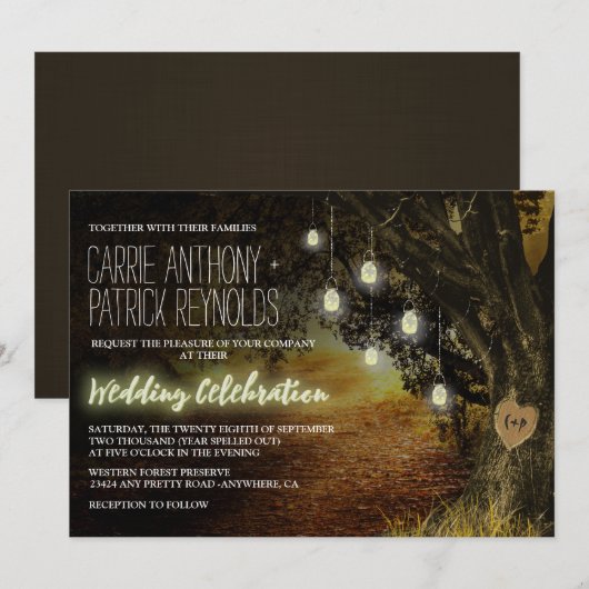 Fall Leaves Mason Jar Oak Tree Huwelijksuitnodigin Kaart (Voorkant / Achterkant)