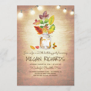 Fall Leaves Mason Jar Rustic Birthday Party Kaart