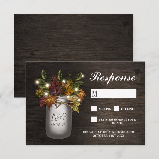 Fall Leaves Mason Jar Rustieke Bruiloft RSVP Kaart (Voorkant / Achterkant)