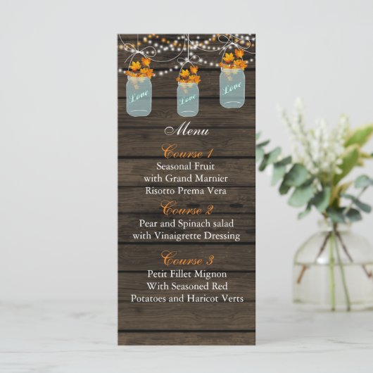 Fall Leaves Mason Jar Wedding Menu Kaarten (Staand voorkant)
