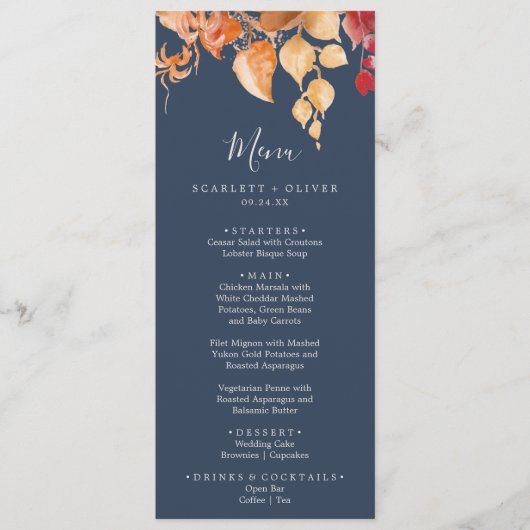 Fall Leaves | Menu Navy Blue & Burgundy Wedding (Voorkant)