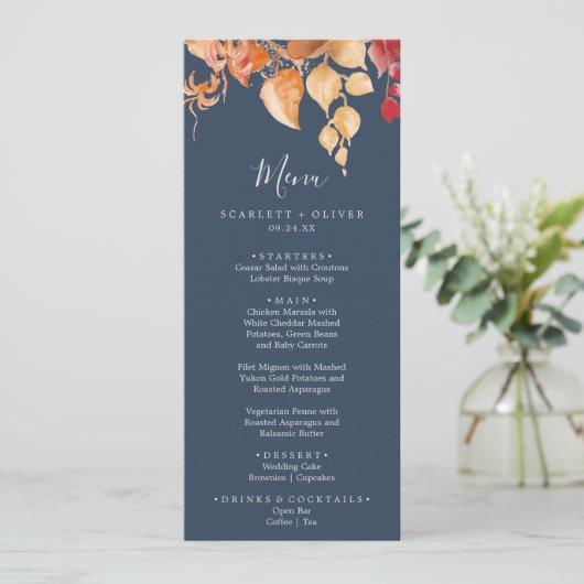 Fall Leaves | Menu Navy Blue & Burgundy Wedding (Staand voorkant)