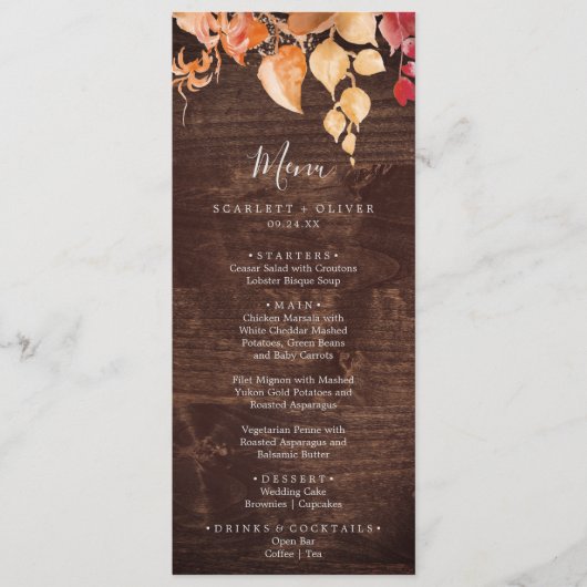 Fall Leaves | Menu Rustic Brown Wood Wedding (Voorkant)
