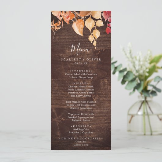 Fall Leaves | Menu Rustic Brown Wood Wedding (Staand voorkant)