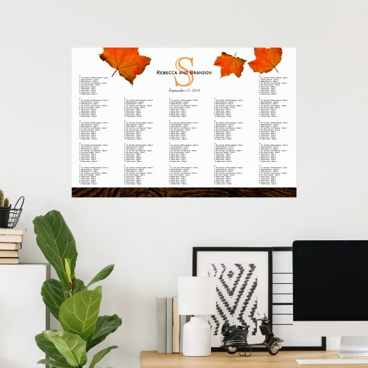 Fall Leaves Monogram Wood Wedding Seding Chart Poster (Thuiskantoor)