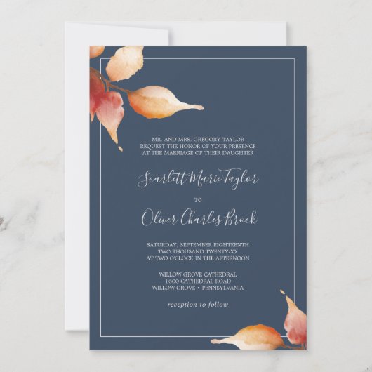 Fall Leaves | Navy Blue & Burgundy Formal Wedding Kaart (Voorkant)